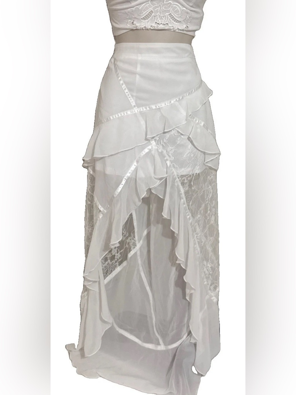 White Lace Midi Skirt Women’s Built‑In Shorts Layered Boho Chic Large